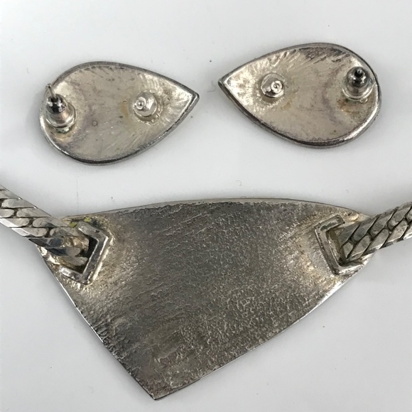 VINTAGE MCM MODERNIST ENAMEL JEWELRY SET SERPENTINE NECKLACE EARRINGS - Picture 9 of 10